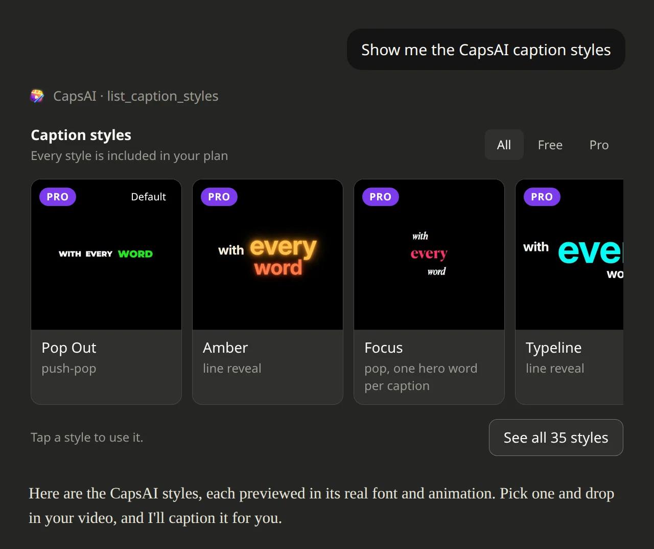 A Claude chat showing the CapsAI caption style gallery with animated Pop Out, Amber, Focus and Typeline previews