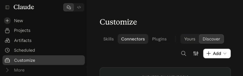 Claude sidebar with Customize selected and the Connectors tab open