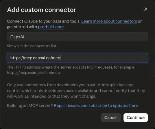Claude's Add custom connector dialog with the name CapsAI and the URL https://mcp.capsai.co/mcp