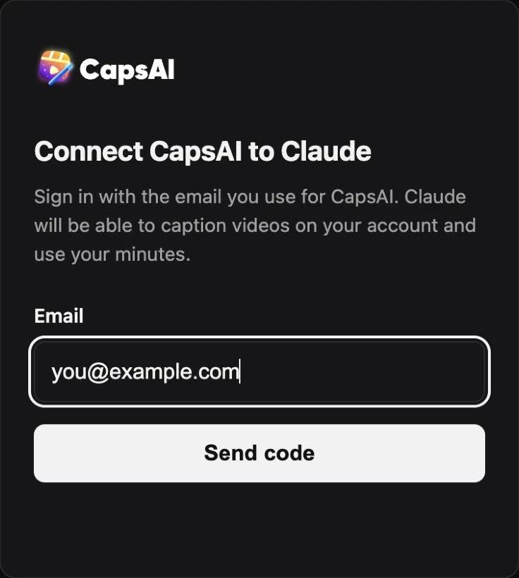 The CapsAI sign-in window titled Connect CapsAI to Claude, with an email field and a Send code button