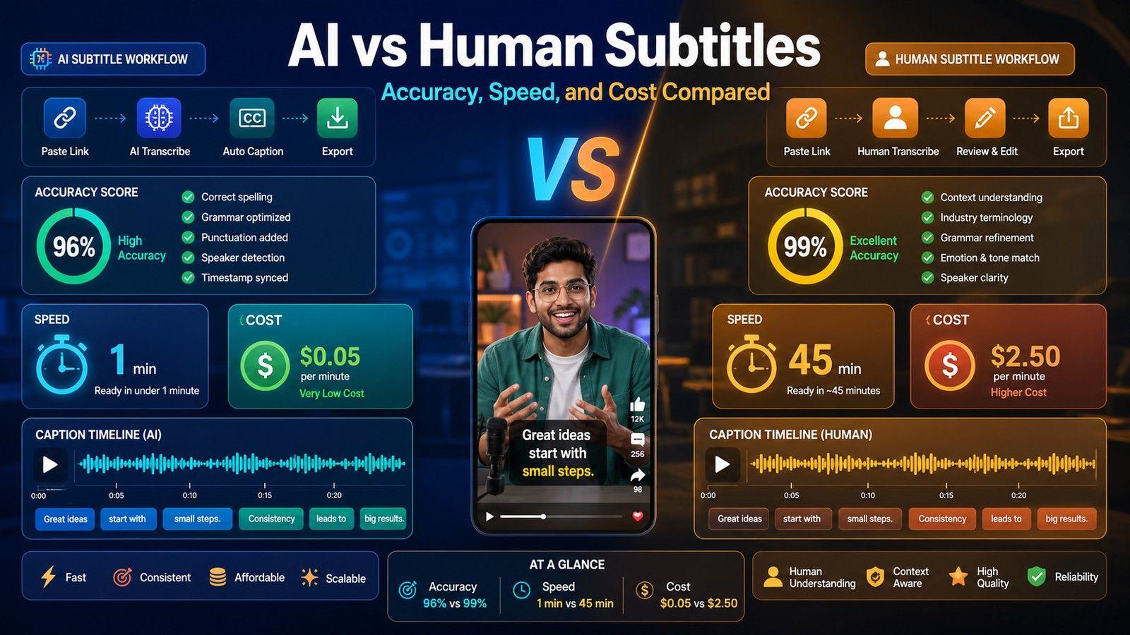 AI vs Human Subtitles: Accuracy, Speed, and Cost Compared